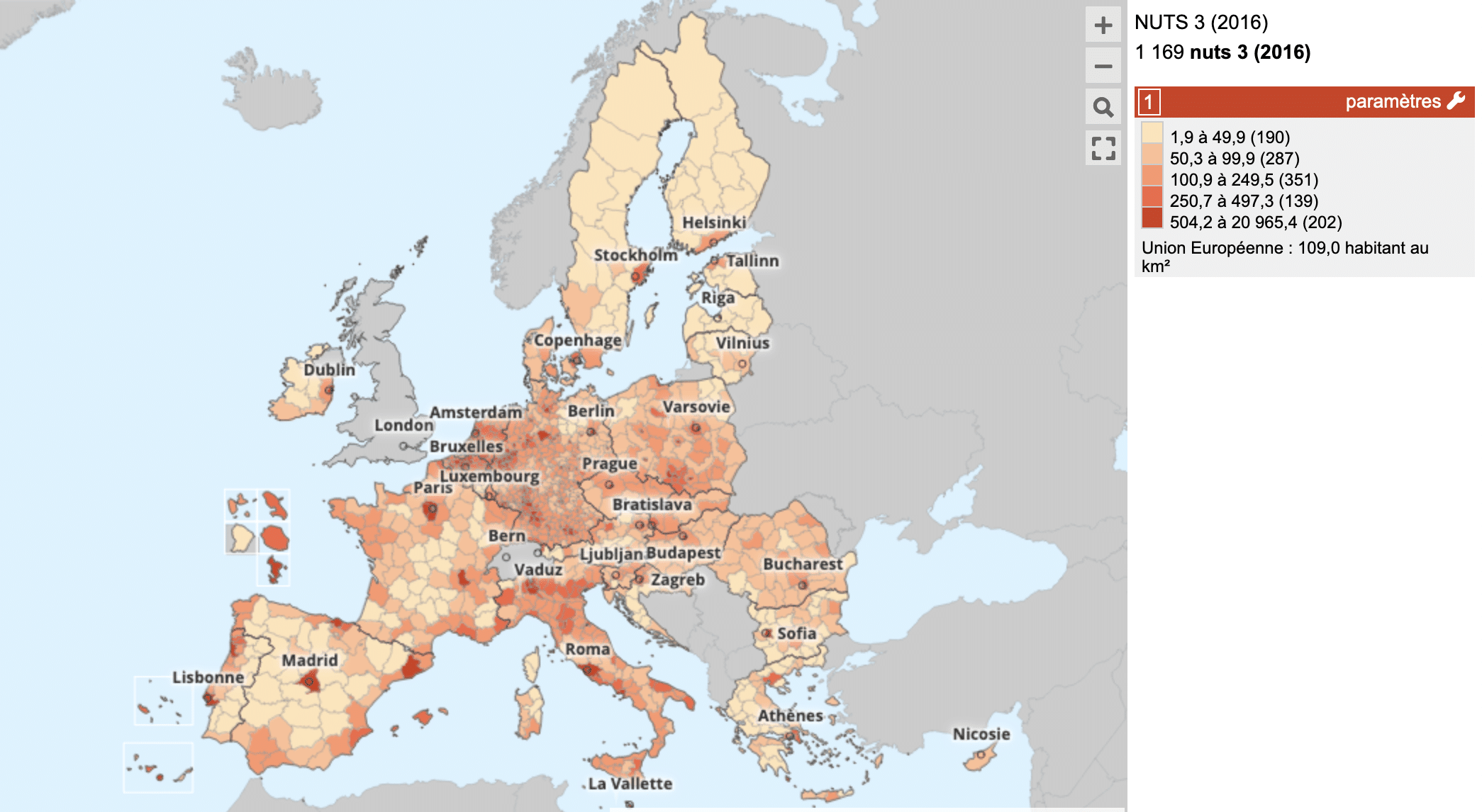 Densité de population en Europe, Observatoire des Territoires, ANCT, 2019